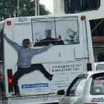 This guy will get your attention!  The use of shadowing helps to complete the illusion of a guy scaling the rear of the bus.

It reminds me of the ad I designed for a drywall company.